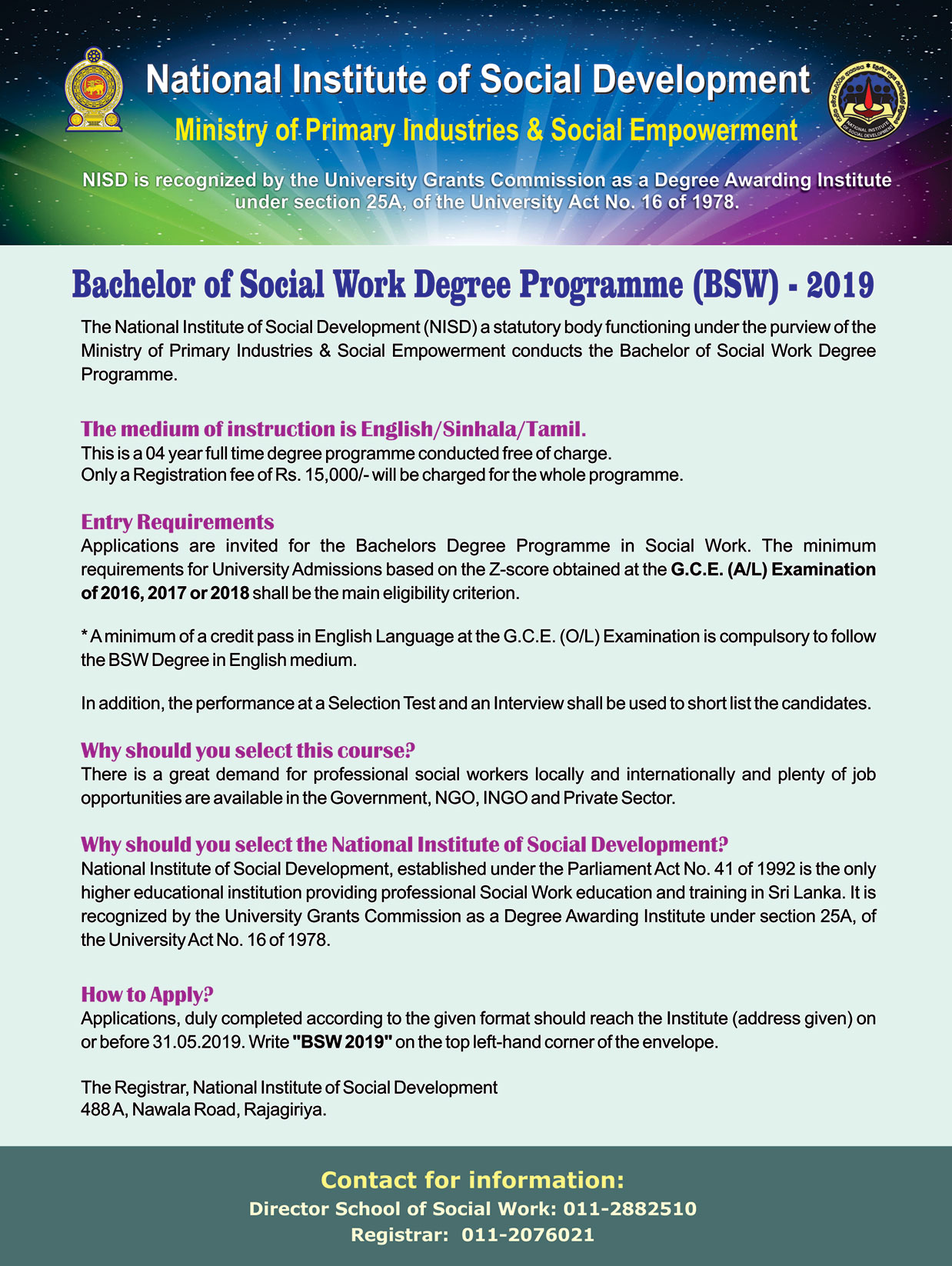 Calling Application For Bachelor Of Social Work Degree Programme (BSW ...